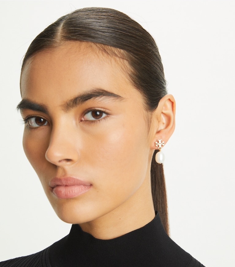 Tory Burch designer earrings Kira Pearl Drop Earring in Tory Gold/Ivory front